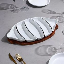 Ceramicee Serving Platter Set with Wooden Base – 6-Piece Sectional Dish