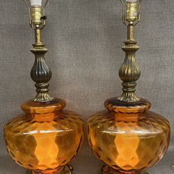 Vintage Amber Glass & Brass Lamps 