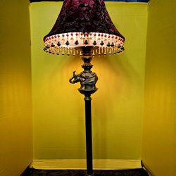 Vintage Regency Golden Elephant on Column Buffet Table Lamp with Beaded Shade 36" 