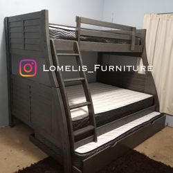 Twin/Full/Twin Gray Hoover Collection Bunk bed w. Orthopedic Mattresses Included 