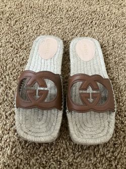 GUCCI Women’s Interlocking G Cut Out Brown Leather Espadrilles Slide Size 37