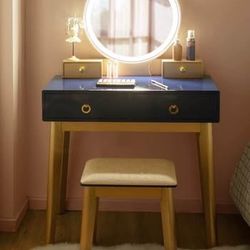 Navy Blue Vanity Desk with lights and cushioned stool  NEW