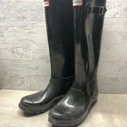 HUNTER “UNISEX” GLOSSY RAIN BOOTS  BLACK M6; W7; EUR 38