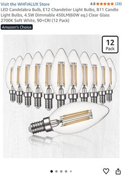 LED Candelabra Bulb, E12 Chandelier Light Bulbs, B11 Candle Light Bulbs, 4.5W Dimmable 450LM(60W eq.) Clear Glass 2700K Soft White, 90+CRI (12 Pack)