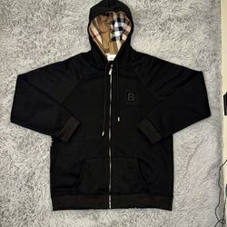 Burberry Zip Up Hoodie w/Check Hood”Black”🐎|Size L📲|BNWT🏷️🏷️
