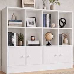 White Wood Bookcase, 12 Cube Display Shelf with 4 Doors, 3 Tier Open Bookshelf with Adjustable Shelves for Living Room, Home Office, Entryway
