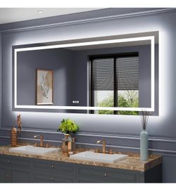 Amorho 88"x 38" LED Bathroom Mirror Framed, Front Light and Backlit, Stepless Dimmable, Anti-Fog, Shatter-Proof, Memory, 3 Colors, Double LED