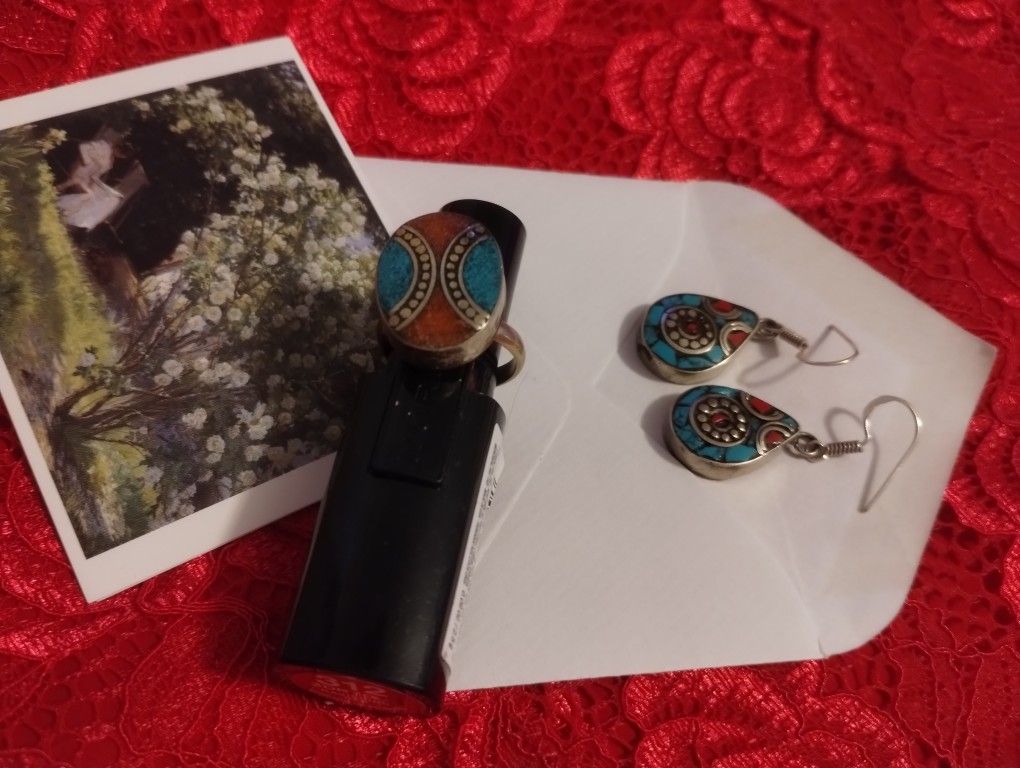 Turquoise & Coral Earrings + Ring