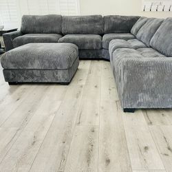 Grey Sectional Sofa - Extra Plush Seating Soft Corduroy Fabric