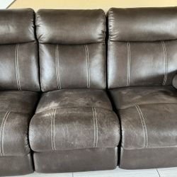 Brown Pleather Couch Two Recliners And Fold Down Table 