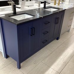 60” bathroom vanity cabinet new fully assembled quartz top 2 sinks Softclose drawers doors navy blue color ready for pick up today
