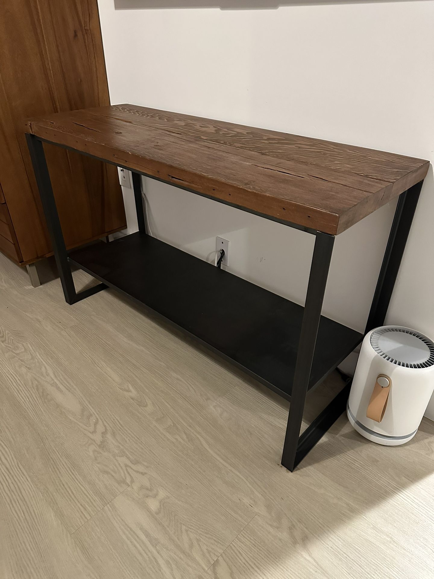 Custom reclaimed wood and steel console table with shelf