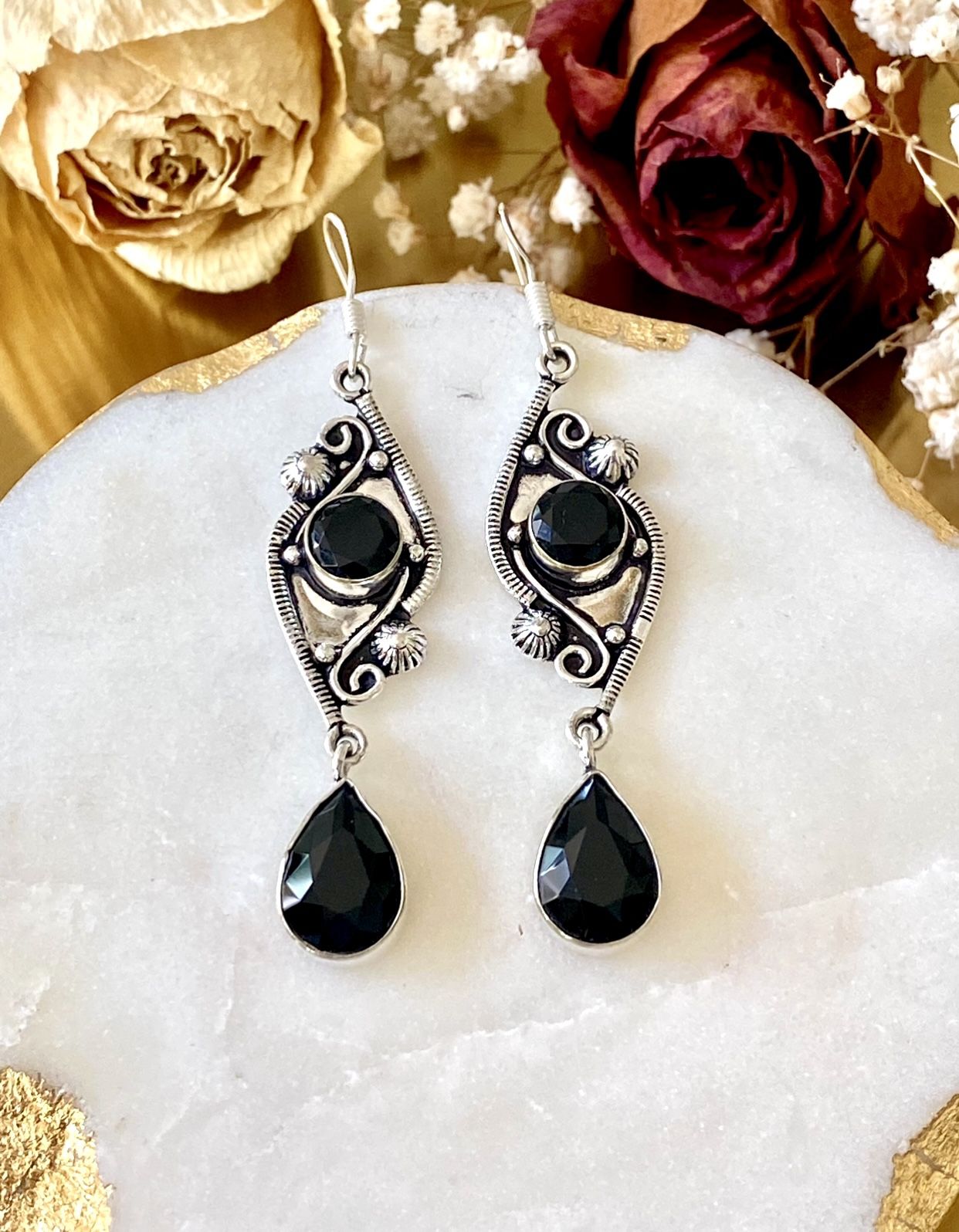 Black Onyx 925 Sterling Silver Overlay Handcrafted Earrings