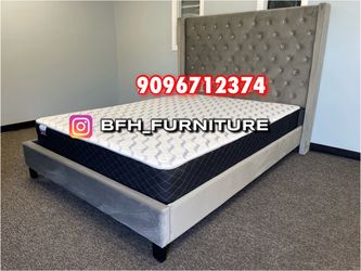 Queen gray Chanelle Wingback Platform Bed w. Orhopedic Mattress Included