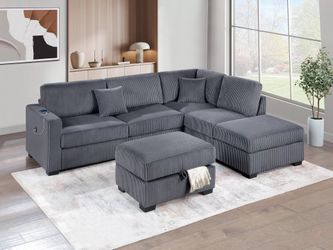 DARK GREY FUR LIKE CORDUROY SECTIONAL WITH OTTOMAN 