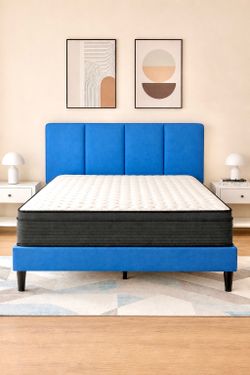 Queen Size Blue Velvet Bed Frame With Mattress