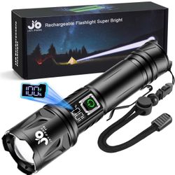JAY-PARK High Lumen Flashlight - 10000 Lumens, Rechargeable 5000mAh with LCD Display, Zoomable Long Beam (3000m), IP67 Waterproof, 5 Modes & Belt Clip