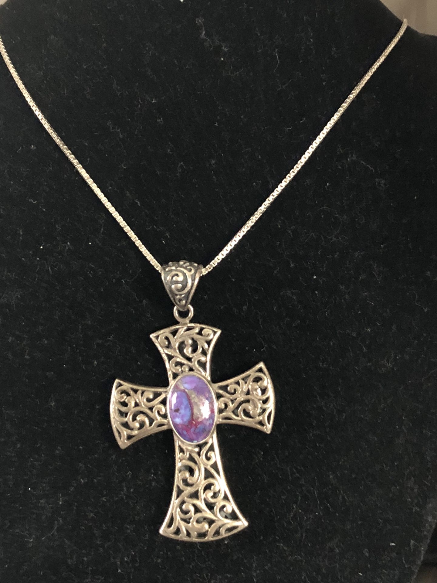 Antique Silver Religious Cross With Purple Stone 23 Grams