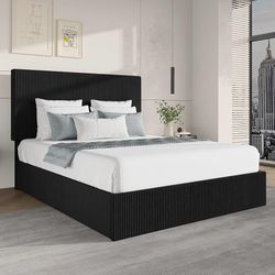 Full Size Corduroy Bed Frame with Adjustable Headboard, Black Corduroy Upholstered Platform Bed with Adjustable Channel-Tufted Headboard, Modern Low P