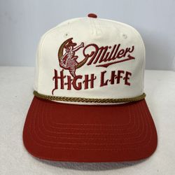 American Needle Miller High Life snapback hat featuring a red brim, a cream crown, and a gold rope detail