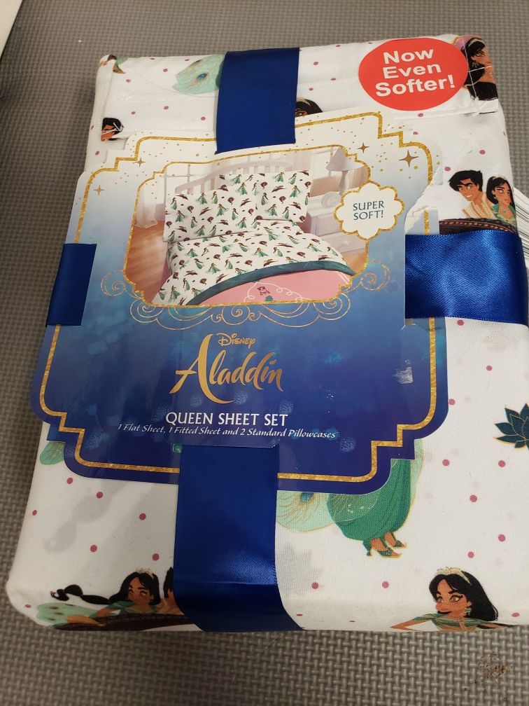 Disney Aladdin Princess Jasmine 4 Piece QUEEN Sheet Set Bedding Sheets NEW