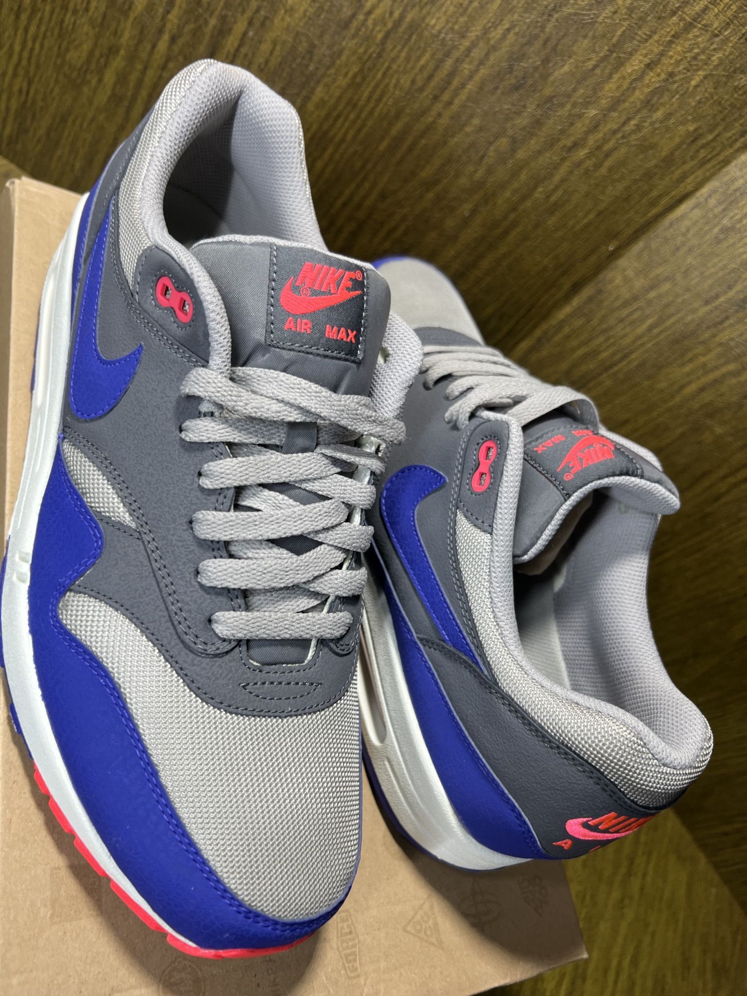 NIKE / Air Max 1 ESSENTIAL “Ultra Marine” shoe kicks / Men's 12 / Like New w/ Box! Worn 1x / UltraMarine Solar Red & Medium Grey