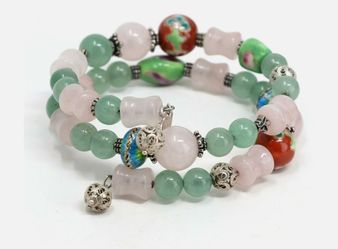 Sterling Silver Filigree Rose Quartz Chrysoprase Enamel Bead Coil Wrap Bracelet