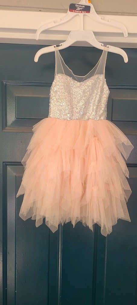 Blush Tulle Flower Girl Dress, Silver Sequin Wedding Gown