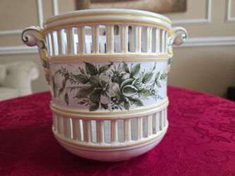 Vtg Italian Majolica Reticulated Cachepot Hand Painted Green Floral Planter