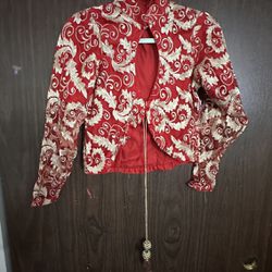Woman Red Embroidered Cardigan, Large Size 