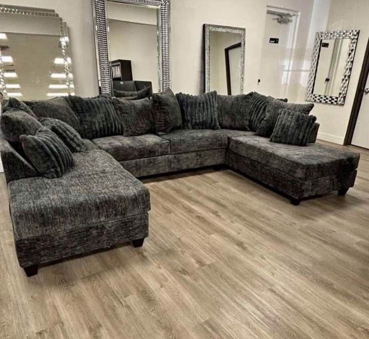 Charcoal Fabric Sectional With Double Chaise. Brand New. 