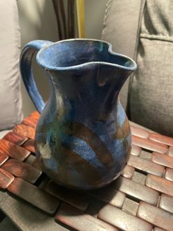 Beautiful blue and brown studio art pottery pitcher