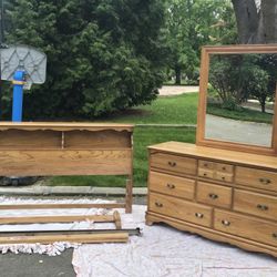 Vintage MCM Solid Wood Oak Bedroom Set with Dresser, Mirror, Headboard/Footboard