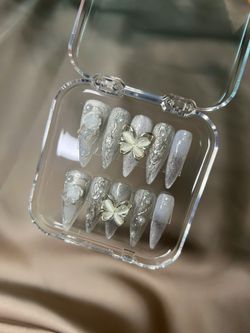 Silver Glitter Press-On Nails – Long Stiletto with 3D Butterfly & Rose Accents