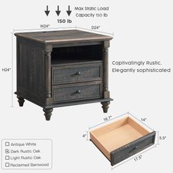 24'' Farmhouse End Table w/4 Solid Wood Feet, Large 2 Drawers Wide Sofa Side Table with Charging Station, Tall Rustic Wood Square Nightstand for Livin