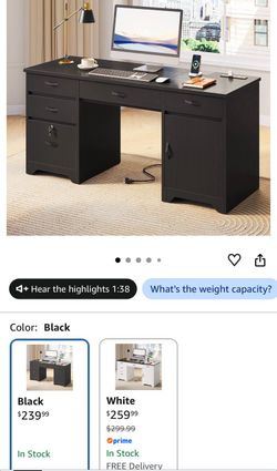 Black Wood Office Desk with Drawers and Cabinet
