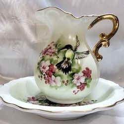 Pitcher and Bowl, Small Lefton Floral w/Hummingbirds