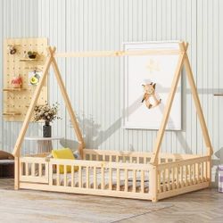 Montessori Bed Full Size with Slats, Tent-Shaped Floor Bed Frame with Fence and Door for Girls Boys, Natural