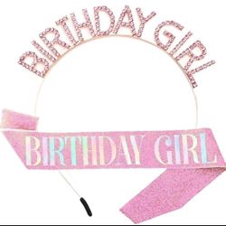 New Pink & Rhinestone Birthday Girl Headband and Glitter Party Sash