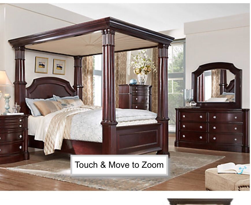 Rooms to Go Dumont King 6 piece Bed w/Canopy; Matching oversized