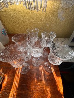 Set of 6 Etched Crystal Wine Glasses