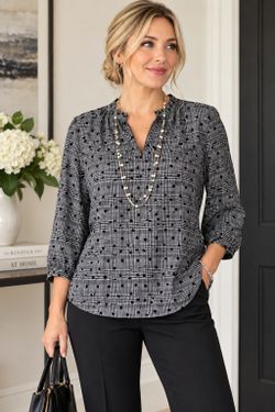 Talbots XL Black White Plaid Dot 3/4 Sleeve Blouse