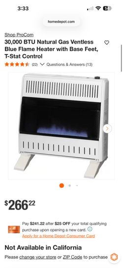 Natural Gas Ventless Blue Flame Heater with Base Feet, T-Stat Control