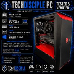 Gaming PC -Buy with Confidence!– Ryzen 5 2600 / RX 6600 8GB / 16GB RAM / 500GB NVMe + 2TB HDD