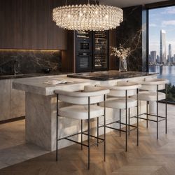 Set Of 3 - Mikra Designer (Interiortonic) Cream / White Boucle Counter Height Bar Chairs w/ Black Metal Frame [NEW IN BOX] **Retails for $2175