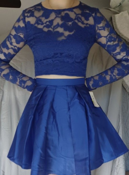 NEW  Jr Sz 1/2 Royal Blue SATIN & LACE 2 Piece Skirt Outfit