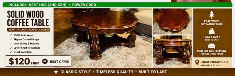 Classic Solid Wood Coffee Table with Ornate Carved Legs.