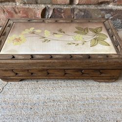 Vintage Teakwood Jewelry Box With Floral Tile Insert