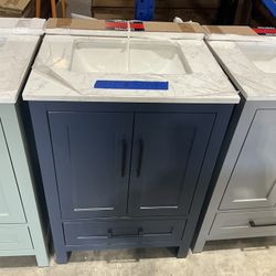 24” Bathroom Vanity in blue , single sink soft close solid wood with vanity top in white  $349  Luke’s liquidations warehouse Address:  2434 N Forsyth