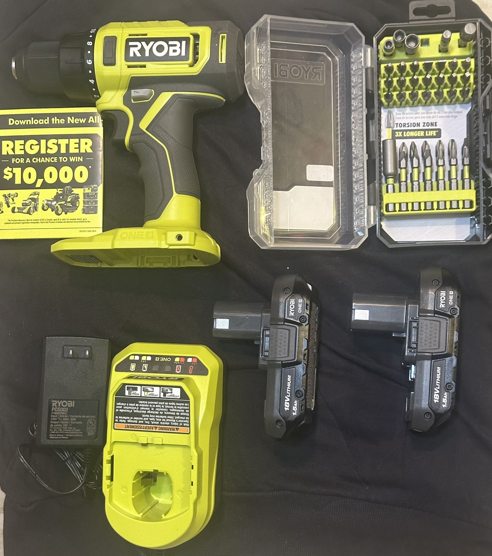 Ryobi Drill Set - Brand New w/ 2 Batteries, Charger, & Bit Kit